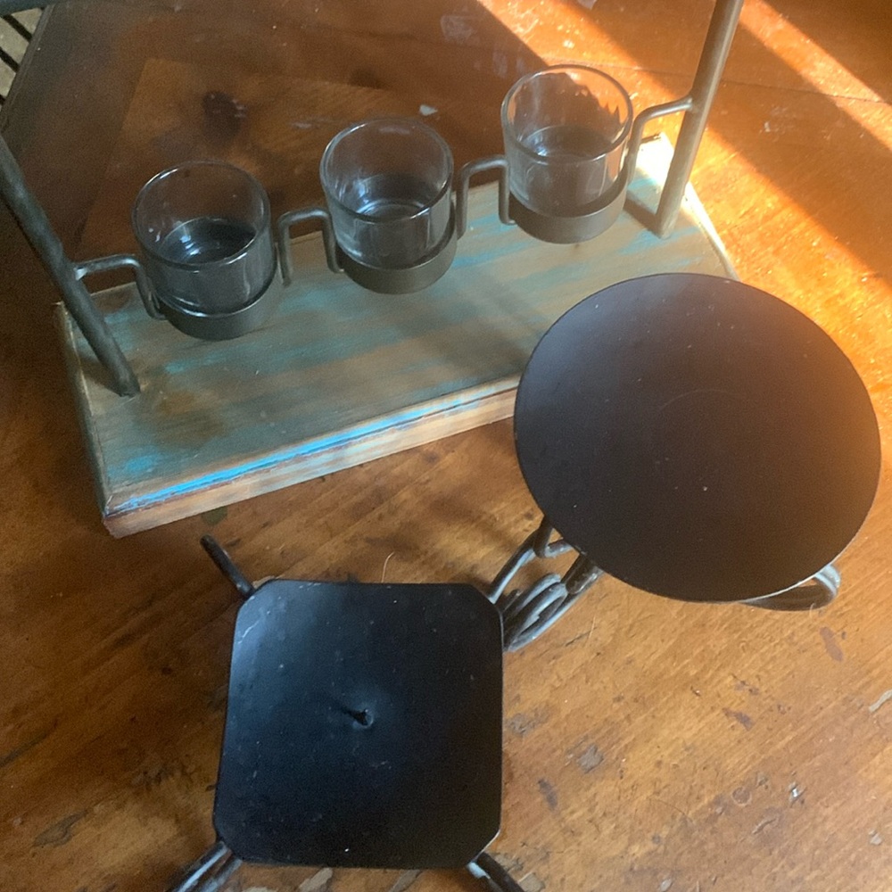 Bundle of 3 sets metal and wood candle holder